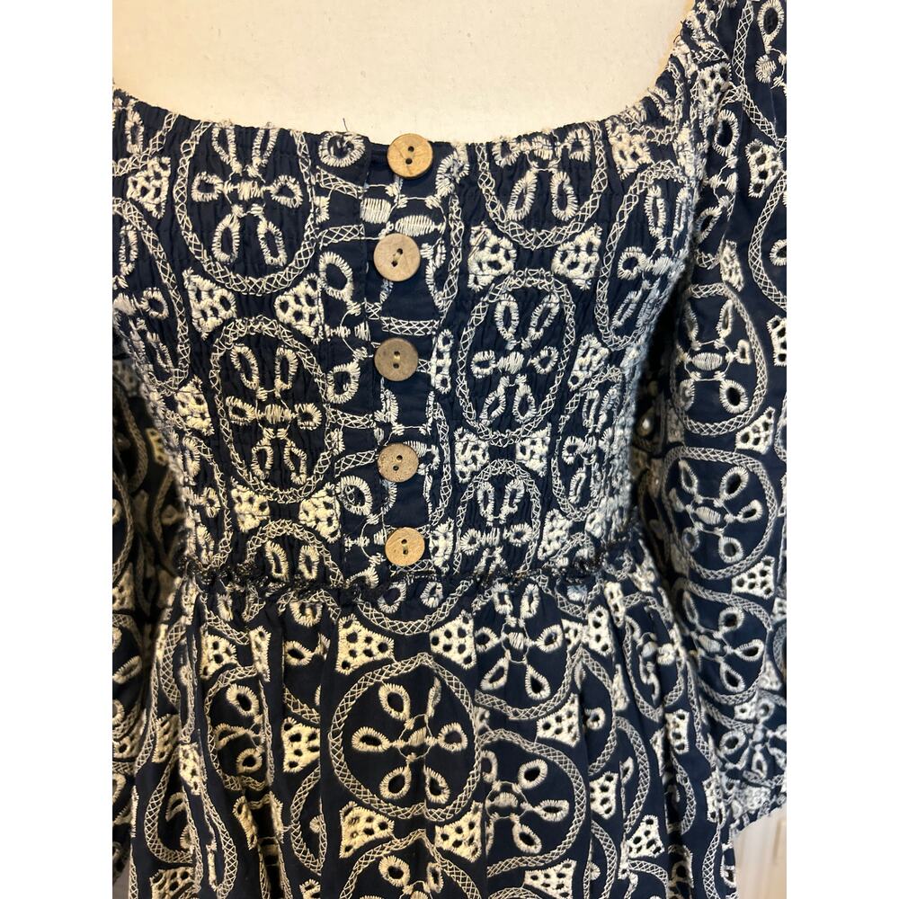 Lucca | 100% Cotton Navy/White Eyelit Babydoll Back Cutout Half Sleeve Dress | M - Picture 5 of 15